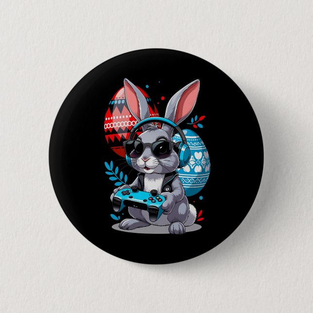 Easter Bunny Gaming Controller And Eggs In Festive 6 Cm Round Badge (Front)