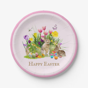 Easter Bunny Garden Floral Pink Paper Plate