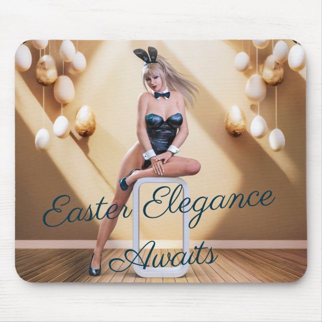 Easter Bunny Girl Sitting on Round Edge Cube Mouse Pad (Front)