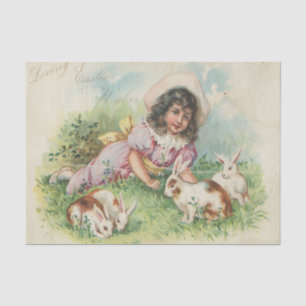 Easter Bunny Girl Vintage Postcard Card Tissue Paper