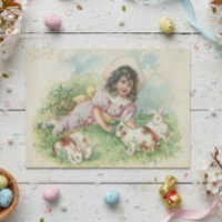 Easter Bunny Girl Vintage Postcard Card