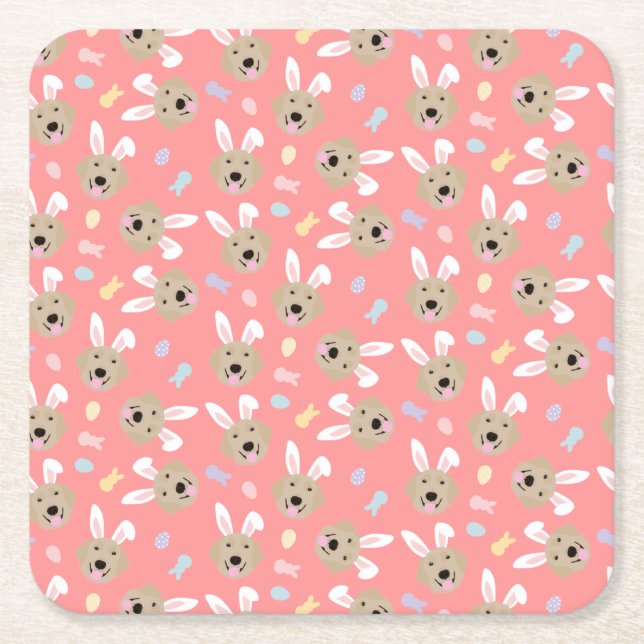 Easter Bunny Golden Retriever Pattern Square Paper Coaster (Front)