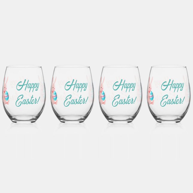 Easter Bunny Happy Easter Stemless Wine Glass (Front)