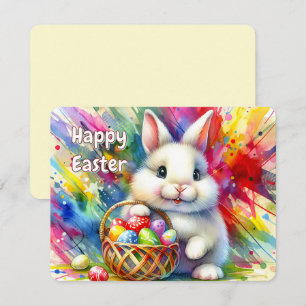 Easter Bunny holding Colourful Eggs in Basket - Holiday Card