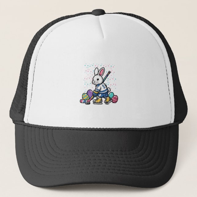 Easter Bunny Ice Hockey Player Eggs Rabbit Boys Ki Trucker Hat (Front)