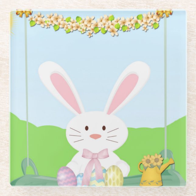Easter bunny illustration glass coaster (Front)