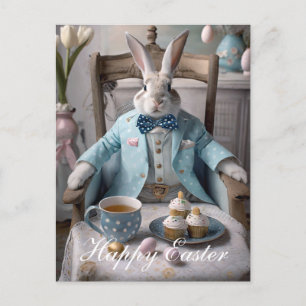 Easter bunny in a blue coat and bow tie postcard