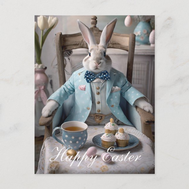 Easter bunny in a blue coat and bow tie postcard (Front)