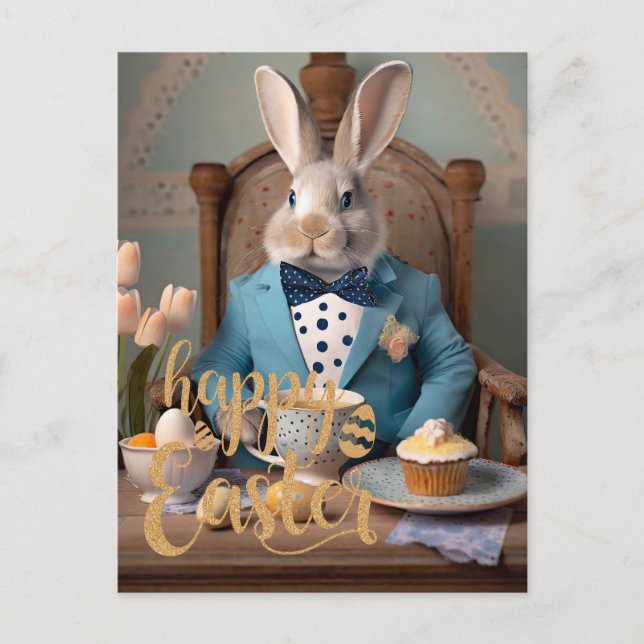 Easter bunny in a blue coat and bow tie postcard (Front)