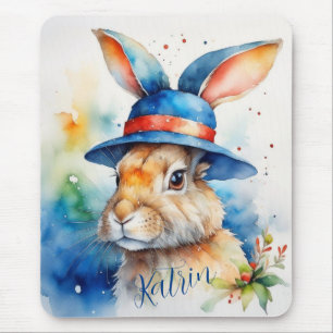 Easter bunny in a blue hat. mouse pad
