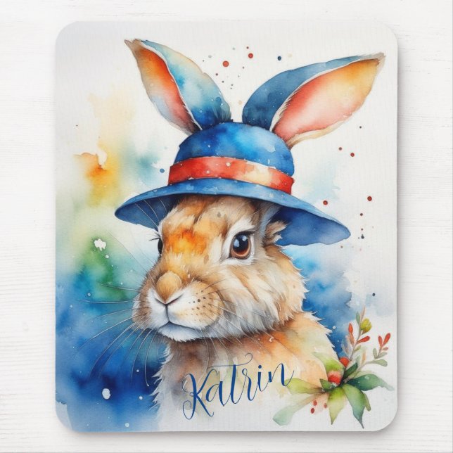 Easter bunny in a blue hat. mouse pad (Front)
