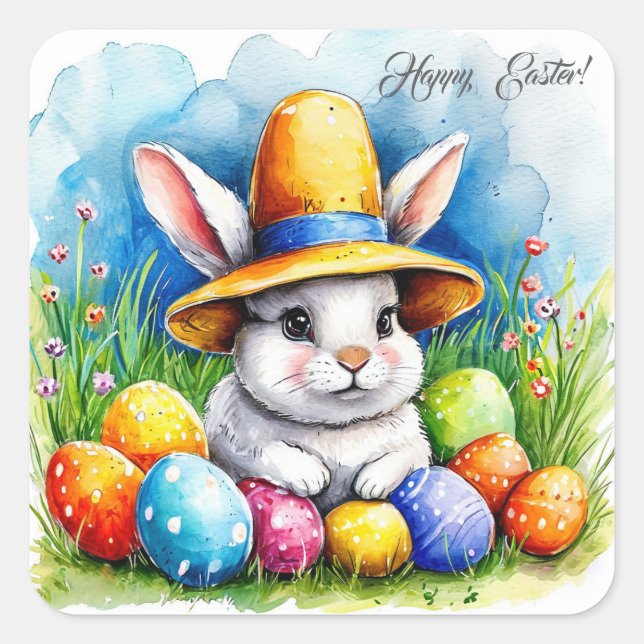 Easter bunny in a hat square sticker (Front)