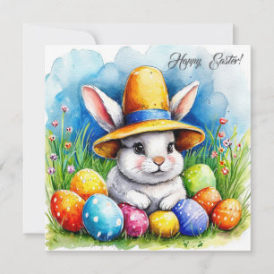 Easter bunny in a hat thank you card