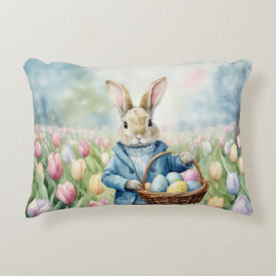 Easter Bunny in a meadow of Tulips Decorative Cushion