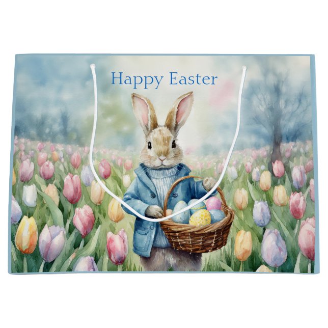 Easter Bunny in a meadow of Tulips Large Gift Bag (Front)