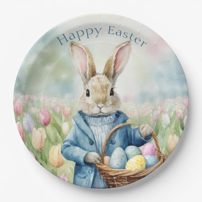 Easter Bunny in a meadow of Tulips Paper Plate (Front)