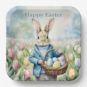 Easter Bunny in a meadow of Tulips Paper Plate
