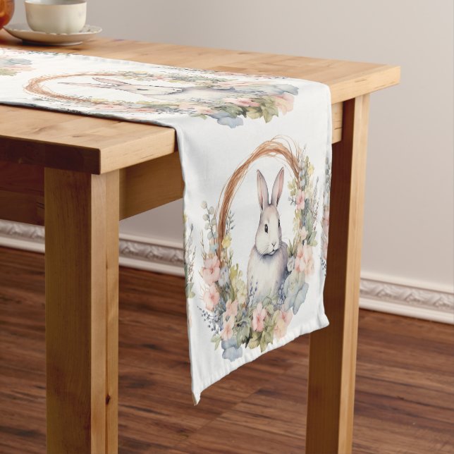 Easter Bunny In A Wreath of Flowers Short Table Runner (In Situ)