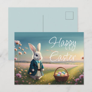 Easter bunny in little blue jacket holiday postcard