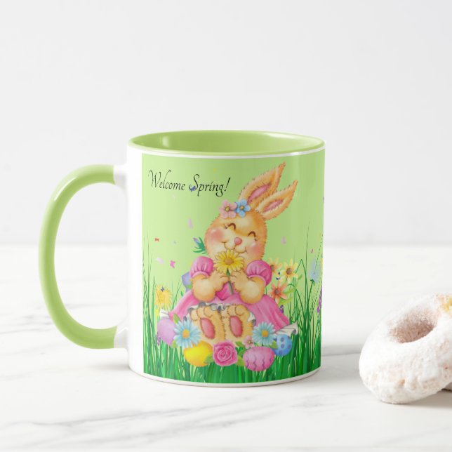 Easter Bunny in Pink Spring Time Flowers Gift Mug (With Donut)