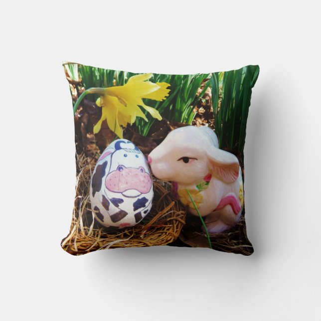 Easter Bunny kissing Cow Egg Paper  Cushion (Front)