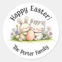 Easter Bunny & Kitten Personalised Round Sticker