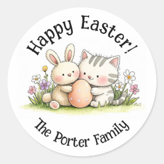 Easter Bunny & Kitten Personalised Round Sticker