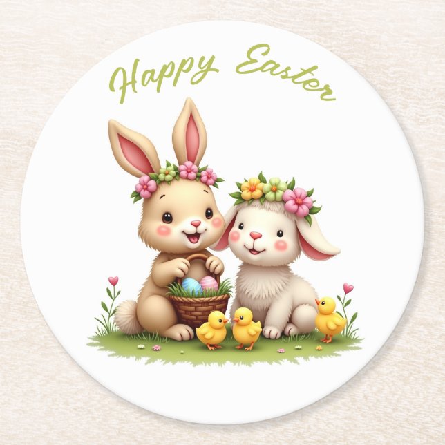 Easter Bunny & Lamb | Spring Flowers & Chicks Cute Round Paper Coaster (Front)