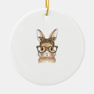 Easter Bunny Leopard Glasses Bandanna Rabbit Women Ceramic Ornament