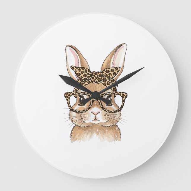 Easter Bunny Leopard Glasses Bandanna Rabbit Women Large Clock (Front)