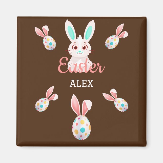 " EASTER" BUNNY MAGNET WITH SPECKLED EGGS & NAME. (Front)