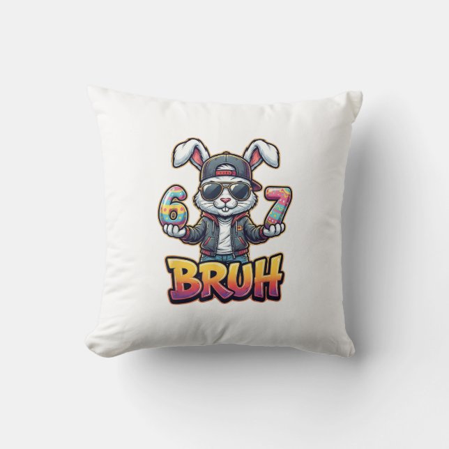 Easter Bunny Meme Bruh  Funny 6 7 Easter Eggs Desi Cushion (Front)