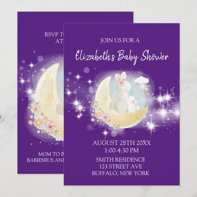Easter Bunny Moon Stars Purple Girl Baby Shower Invitation (Front/Back)