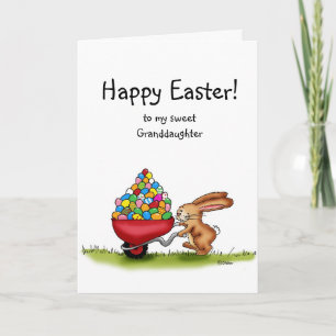 Easter Bunny moves coloured eggs in wheelbarrow Holiday Card