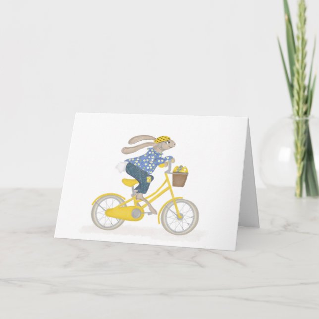 Easter bunny on her bicycle card (Front)