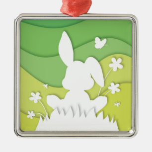Easter bunny on meadow green spring nature metal ornament
