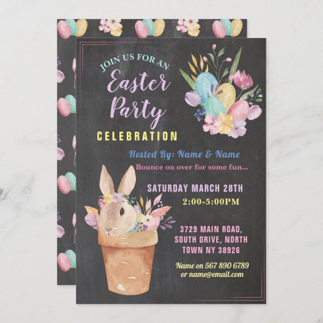 Easter Bunny Party Egg Hunt Pink Chalk Basket Invitation (Front/Back)