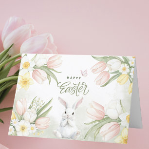 Easter Bunny Pastel Tulips Daffodils Happy Easter Holiday Card