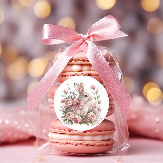 Easter Bunny Pink Bow Flowers Classic Round Sticker (Easter bunny with pink bow sticker)