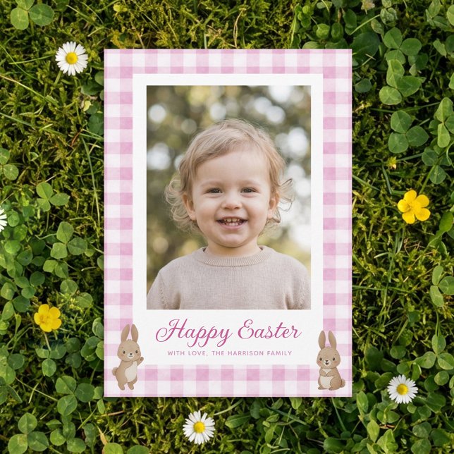 Easter Bunny Pink Gingham Photo Holiday Card (Creator Uploaded)