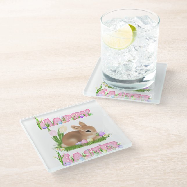 Easter Bunny (Pink) Glass Coaster (Angled)