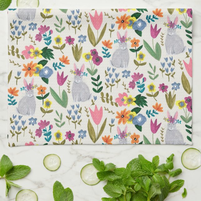 Easter bunny pink & green cute spring floral apron tea towel (Folded)