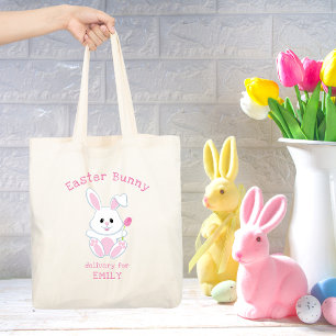Easter Bunny Pink Tulip Personalised Name Holidays Tote Bag