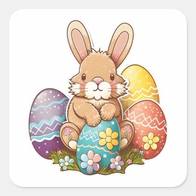 Easter Bunny Playful With Eggs Square Sticker (Front)