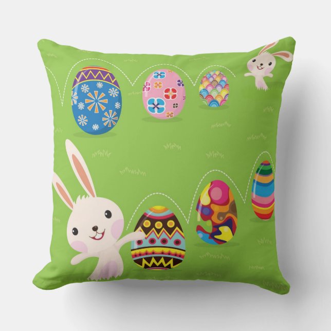 Easter bunny playful with painted eggs cushion (Front)