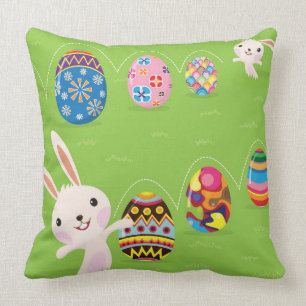 Easter bunny playful with painted eggs cushion