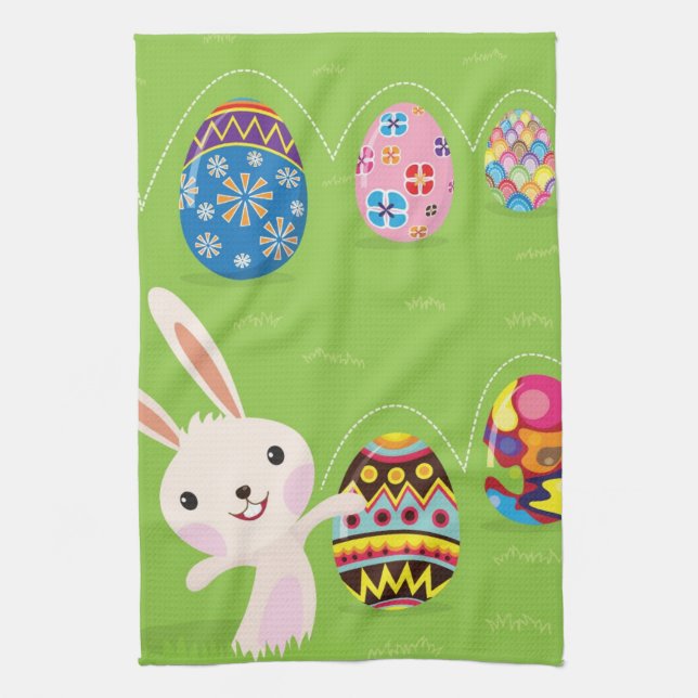 Easter bunny playful with painted eggs tea towel (Vertical)