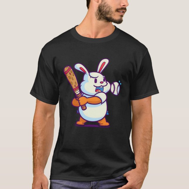 Easter Bunny Playing Baseball Baseball Easter T-Shirt (Front)
