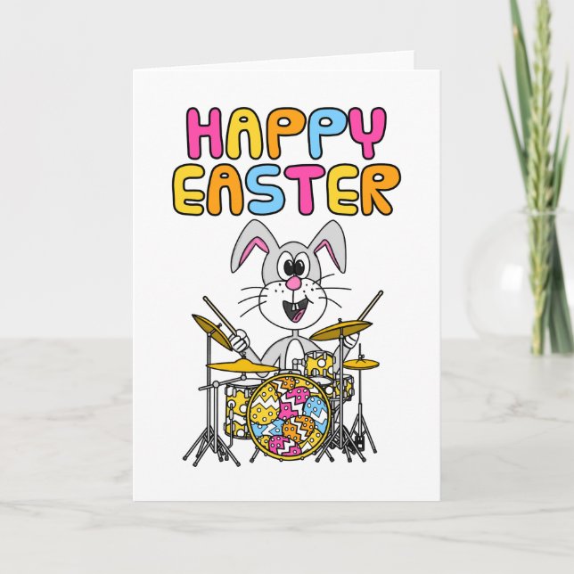 Easter Bunny Playing Drums Drummer Kids Funny Card (Front)