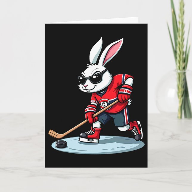 Easter Bunny Playing Hockey  Card (Front)